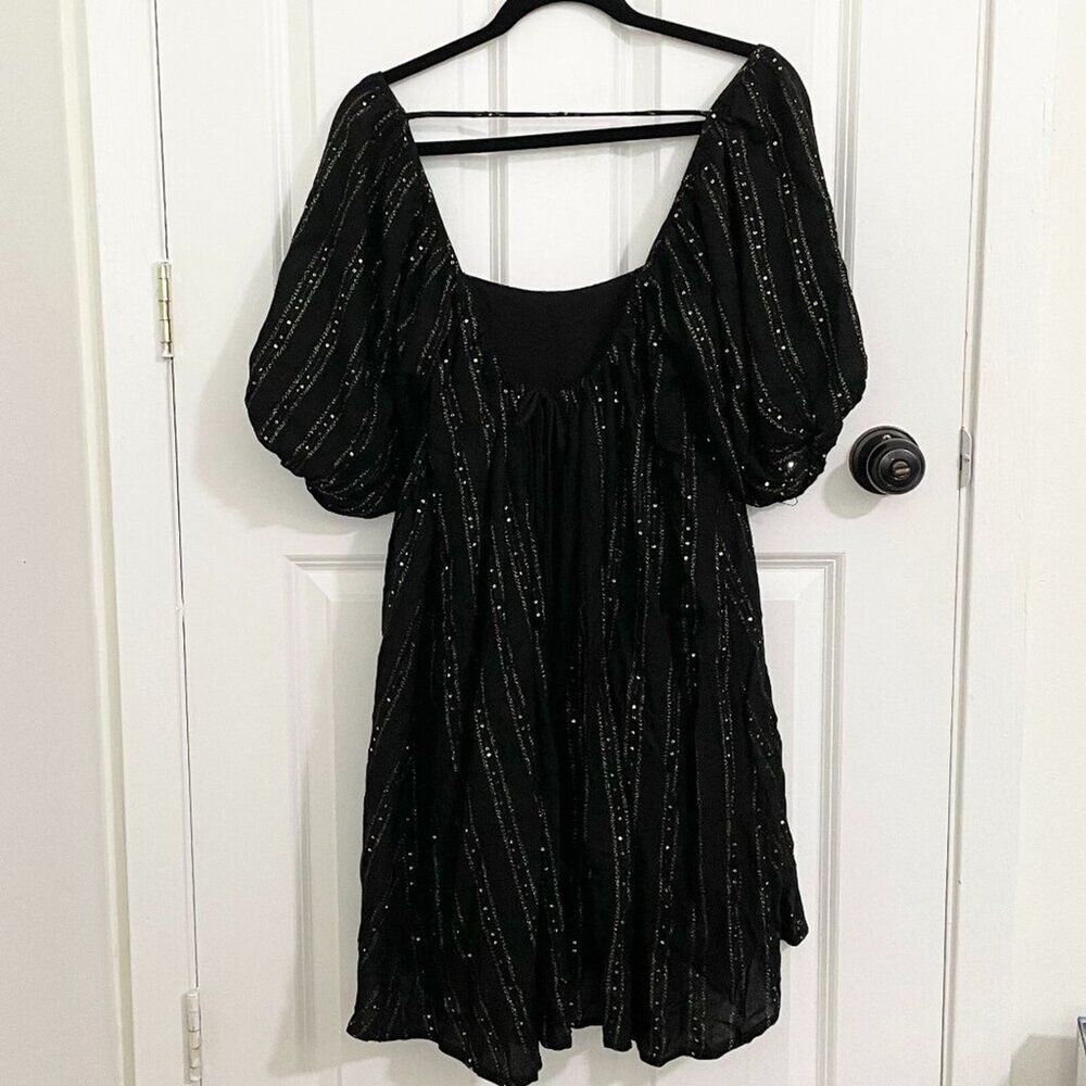 Women By Together Striped Sequin Puff Sleeve Babydoll Dress Black Green Small - Picture 3 of 12